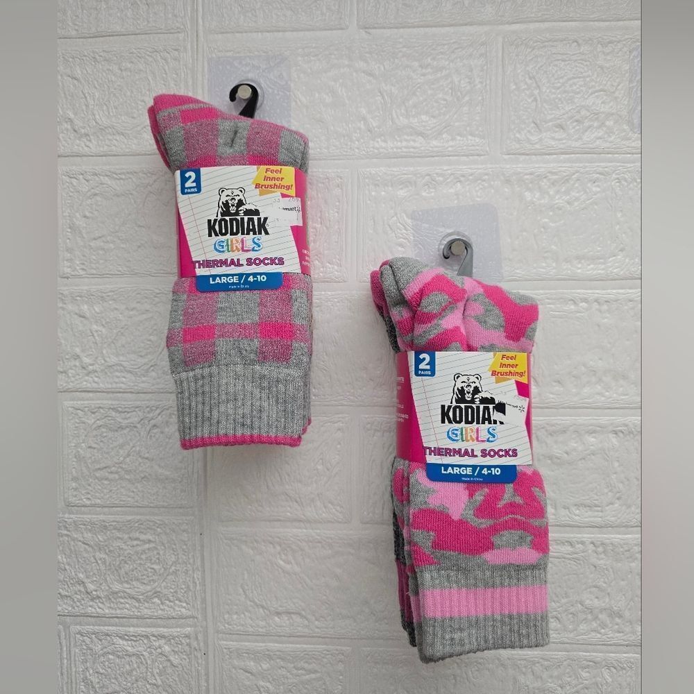 Bundle of two packs 4pc Kodiak Girl's Thermal Socks, Sz 4-10